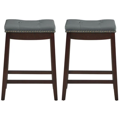 Costway Set Of 2 Nailhead Saddle Bar Stools 24'' Counter Stools Brown/White With Grey Cushion 4 Costway Set Of 2 Nailhead Saddle Bar Stools 24'' Counter Stools Brown/White With Grey Cushion - Image 4