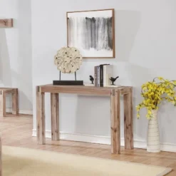 40" Woodstock Acacia Wood With Metal Inset Media Console Table Brushed Driftwood - Alaterre Furniture