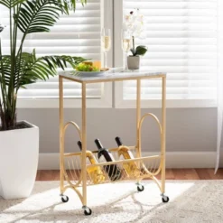 Jacek Metal Wine Cart With Marble Tabletop Gold - Baxton Studio -Furniture Series Store GUEST 1043db00 9c5b 4936 8fa8 eb3b6b0919cd