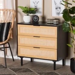 Maureen Wood And Rattan 3 Drawer Dresser Espresso/Natural Brown - Baxton Studio -Furniture Series Store GUEST 10a19888 5c53 4636 a13a 81898ec6e4a2