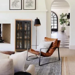 LuxenHome Natural Wood Glass Doors 47.25" H Accent Curio Storage Cabinet. -Furniture Series Store GUEST 1117a5d6 f121 4ca7 886f 391d9c858780