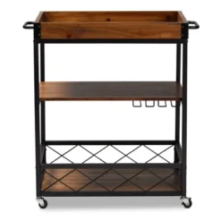 Capri Oak And Finished Mobile Metal Bar Cart With Stemware Rack Brown - Baxton Studio -Furniture Series Store GUEST 12317b72 d390 4f25 9ef5 03a978eab8f2