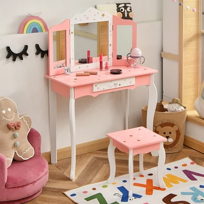 Costway Kids Vanity Princess Makeup Dressing Table Chair Set W/ Tri-folding Mirror 2 Costway Kids Vanity Princess Makeup Dressing Table Chair Set W/ Tri-folding Mirror - Image 2