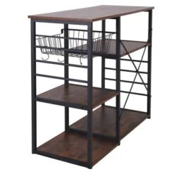 Wood And Metal Bakers Rack With 4 Shelves And Wire Basket Brown/Black - Benzara -Furniture Series Store GUEST 138c4590 ba20 4879 86fe 3e614f8a6f0d