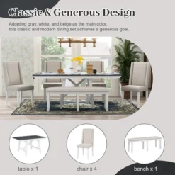 6 PCS Classic Wood Extendable Dining Table Set, Rectangular Table With 4 Upholstered Chairs & Bench, Gray+White-ModernLuxe 16 6 PCS Classic Wood Extendable Dining Table Set, Rectangular Table With 4 Upholstered Chairs & Bench, Gray+White-ModernLuxe -Furniture Series Store GUEST 1477a739 a36f 4934 9425 da607e24eec3