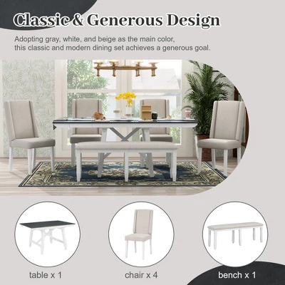 6 PCS Classic Wood Extendable Dining Table Set, Rectangular Table With 4 Upholstered Chairs & Bench, Gray+White-ModernLuxe 4 6 PCS Classic Wood Extendable Dining Table Set, Rectangular Table With 4 Upholstered Chairs & Bench, Gray+White-ModernLuxe - Image 4