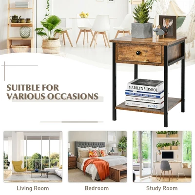 Costway 2PCS Industrial End Side Table Nightstand With Drawer Shelf Rustic Brown 6 Costway 2PCS Industrial End Side Table Nightstand With Drawer Shelf Rustic Brown - Image 6