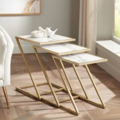 Kensington Hill Modern Gold Square Nesting Tables Set Of 3 19" Wide White Marble Tabletop For Living Room Bedroom Bedside Entryway