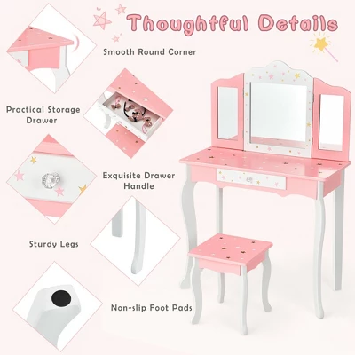 Costway Kids Vanity Princess Makeup Dressing Table Chair Set W/ Tri-folding Mirror 8 Costway Kids Vanity Princess Makeup Dressing Table Chair Set W/ Tri-folding Mirror - Image 8