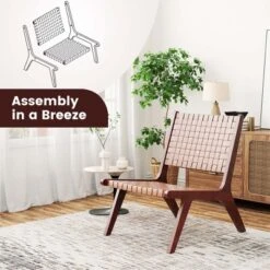 Costway Woven Leather Accent Chair Mid Century Rubber Wood Armless Side Chair -Furniture Series Store GUEST 230c5fc2 7b72 48eb 890a b5fcd3db883d