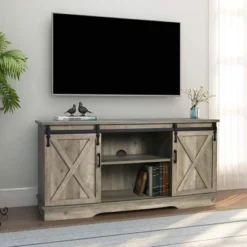 GHQME 58-Inch Sliding Barn Door Wooden Farmhouse Universal TV Stand Media Console Table With Adjustable Shelves And 220 Pound Capacity, Natural Tan -Furniture Series Store GUEST 231b4155 20e9 47fe 993f eb665ae94ea4