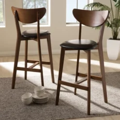 Set Of 2 Eline Mid-Century Modern Walnut Finished Wood Faux Leather Upholstered Barstools Black - Baxton Studio -Furniture Series Store GUEST 273c4be3 93d6 44f0 989f cf3d236fd718