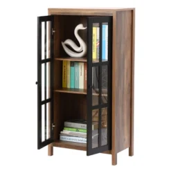 LuxenHome Natural Wood Glass Doors 47.25" H Accent Curio Storage Cabinet. -Furniture Series Store GUEST 2aae6d07 5352 40d7 a6b6 67808619b662