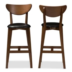 Set Of 2 Eline Mid-Century Modern Walnut Finished Wood Faux Leather Upholstered Barstools Black - Baxton Studio