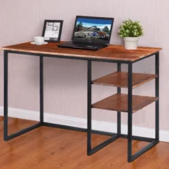 45" Tubular Metal Frame Desk With Wooden Top And 2 Side Shelves Brown/Black - The Urban Port -Furniture Series Store GUEST 3274ca4c 010c 4e51 a0c7 f19712f7e679