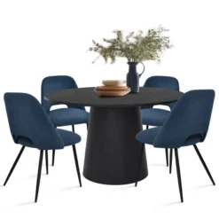 Dwen+Edwin 5-Piece 46" Manufactured Grain And 21.6" Wider Seat 4 Upholstered Fabric Chairs Modern Round Dining Table Set-The Pop Maison