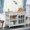 HOMCOM Kitchen Island Utility Storage Trolley Cart With Rubber Wood Top, Towel Rack, 2 Cabinets & Drawers For Dining Room