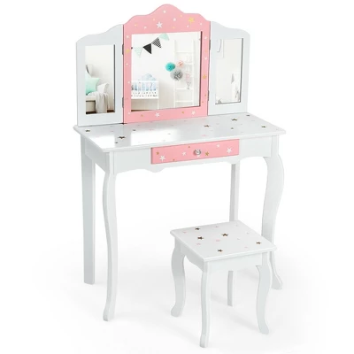 Costway Kids Vanity Princess Makeup Dressing Table Chair Set W/ Tri-folding Mirror 11 Costway Kids Vanity Princess Makeup Dressing Table Chair Set W/ Tri-folding Mirror - Image 11