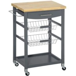 HOMCOM 3-Tier Utility Kitchen Cart With Handle Bar, Steel Basket Rolling Cart, Food Storage Service Trolley With Drawer, Rubber Wood Top -Furniture Series Store GUEST 3ae99e36 b09e 4ac0 bee0 94260c614857