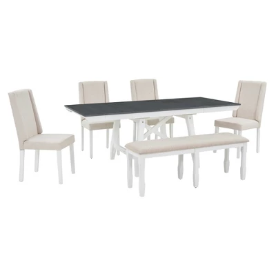 6 PCS Classic Wood Extendable Dining Table Set, Rectangular Table With 4 Upholstered Chairs & Bench, Gray+White-ModernLuxe 8 6 PCS Classic Wood Extendable Dining Table Set, Rectangular Table With 4 Upholstered Chairs & Bench, Gray+White-ModernLuxe - Image 8