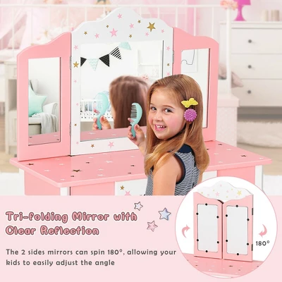 Costway Kids Vanity Princess Makeup Dressing Table Chair Set W/ Tri-folding Mirror 5 Costway Kids Vanity Princess Makeup Dressing Table Chair Set W/ Tri-folding Mirror - Image 5