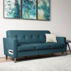 Philbin Square Arm Sofa With USB & Power Ports Linen Peacock Blue - Handy Living