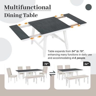 6 PCS Classic Wood Extendable Dining Table Set, Rectangular Table With 4 Upholstered Chairs & Bench, Gray+White-ModernLuxe 5 6 PCS Classic Wood Extendable Dining Table Set, Rectangular Table With 4 Upholstered Chairs & Bench, Gray+White-ModernLuxe - Image 5