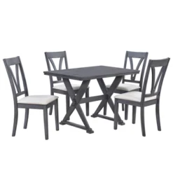 Mid-Century Wood 5-Piece Dining Table Set With 4 Upholstered Dining Chairs-ModernLuxe