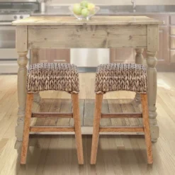 JONATHAN Y Maui Rustic Bohemian Hyacinth/Wood Backless Bar Stool, Brown Wash Woven Seat With Natural Wood Frame -Furniture Series Store GUEST 619dbc9a b6b7 45c9 9bf3 5962f52975cc