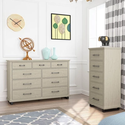 Set Of 2 24" 5 Drawer Chest And 64" 9 Drawer Dresser Beige - Accent Furniture 4 Set Of 2 24" 5 Drawer Chest And 64" 9 Drawer Dresser Beige - Accent Furniture - Image 4