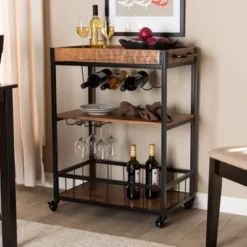 Cerne Oak And Finished Mobile Metal Bar Cart With Wine Bottle Rack Brown - Baxton Studio -Furniture Series Store GUEST 66be3651 75e3 461f a20d dda05114160b