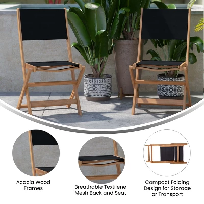 Flash Furniture 2PK All-Weather Acacia Wood Folding Bistro Chairs-Mesh Back/Seat-Natural/Black 5 Flash Furniture 2PK All-Weather Acacia Wood Folding Bistro Chairs-Mesh Back/Seat-Natural/Black - Image 5