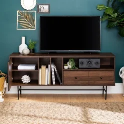 Modern Vinyl Record Player Storage TV Stand For TVs Up To 65" Dark Walnut - Saracina Home -Furniture Series Store GUEST 6c93749b 723f 48d5 b9a2 78d4a4813679