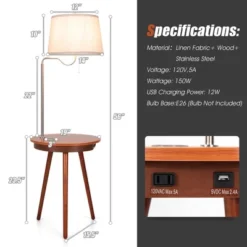 Costway End Table Lamp Bedside Nightstand Lighting With Wireless Charger NaturalCoffee