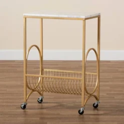 Jacek Metal Wine Cart With Marble Tabletop Gold - Baxton Studio -Furniture Series Store GUEST 6f7d401e 0b85 48c4 83b8 4570d6b65148