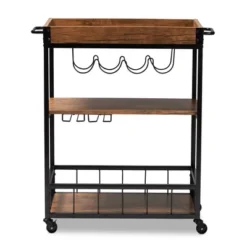Cerne Oak And Finished Mobile Metal Bar Cart With Wine Bottle Rack Brown - Baxton Studio -Furniture Series Store GUEST 7203a59f 4704 4aac a307 fd4e8b650040