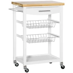 HOMCOM 3-Tier Utility Kitchen Cart With Handle Bar, Steel Basket Rolling Cart, Food Storage Service Trolley With Drawer, Rubber Wood Top -Furniture Series Store GUEST 72987e9b 4ba8 44e4 b2d9 298c334a1f01
