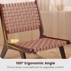 Costway Woven Leather Accent Chair Mid Century Rubber Wood Armless Side Chair -Furniture Series Store GUEST 754a6f91 bd62 4f3f bdd2 a027d9acb7ae