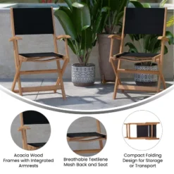 Flash Furniture 2PK All-Weather Acacia Wood And Mesh Folding Bistro Armchairs - Natural/Black -Furniture Series Store GUEST 7aa3be85 c6f2 4931 b1fb e079653b5759