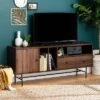 Modern Vinyl Record Player Storage TV Stand For TVs Up To 65" Dark Walnut - Saracina Home