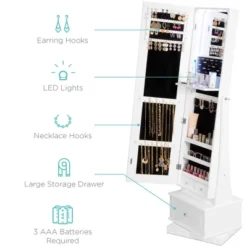 Best Choice Products 360 Swivel Standing Mirrored Jewelry Cabinet, LED-Lit Makeup Organizer W/ Mirror - White -Furniture Series Store GUEST 8101c648 c246 41fe a99d 84d5be6ee48a