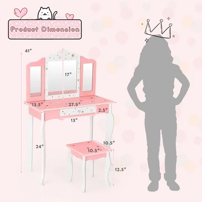 Costway Kids Vanity Princess Makeup Dressing Table Chair Set W/ Tri-folding Mirror 1 Costway Kids Vanity Princess Makeup Dressing Table Chair Set W/ Tri-folding Mirror