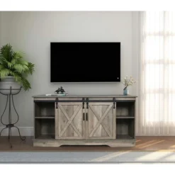 GHQME 58-Inch Sliding Barn Door Wooden Farmhouse Universal TV Stand Media Console Table With Adjustable Shelves And 220 Pound Capacity, Natural Tan -Furniture Series Store GUEST 863ac34d 602c 4995 a50b 1c15242d4745