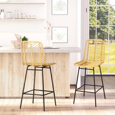 HOMCOM Modern Rattan Bar Stools Set Of 2, Breathable Steel-Base Wicker Counter Height Barstools For Kitchen Counter, Yellow 2 HOMCOM Modern Rattan Bar Stools Set Of 2, Breathable Steel-Base Wicker Counter Height Barstools For Kitchen Counter, Yellow - Image 2