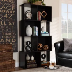 61.42" Riva Geometric Wood Bookshelf Dark Brown - Baxton Studio -Furniture Series Store GUEST 898a381a 26c7 41af 867a 052d03200067