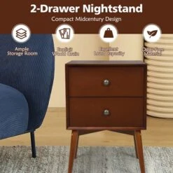 Costway 2PCS Nightstand Mid-Century End Side Table 2 Drawer Rubber Wood Legs Living Room -Furniture Series Store GUEST 89b427d9 cf01 43bf 99ba 90f39a372b85