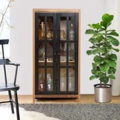 LuxenHome Natural Wood Glass Doors 47.25" H Accent Curio Storage Cabinet.