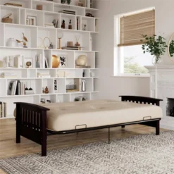 Full Size Holly Espresso Wood Arm Futon Frame With 6" Microfiber Mattress Tan - Room & Joy -Furniture Series Store GUEST 910964fc 8fa3 4ccf af81 67135fc2c305