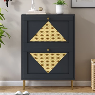 23.6" Rattan Modern Shoe Cabinet With 2 Flap Drawers - ModernLuxe 1 23.6" Rattan Modern Shoe Cabinet With 2 Flap Drawers - ModernLuxe