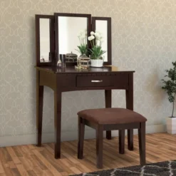 Wooden Vanity Table With 3 Panel Mirror And Padded Stool Brown - Benzara 7 Wooden Vanity Table With 3 Panel Mirror And Padded Stool Brown - Benzara -Furniture Series Store GUEST 9619d486 9469 49f5 901a a7a4f84b9d76